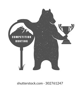 Vector Illustration Bear Hunter with Sign Competition Hunting on a white background. Bear Symbol Can be used for T-shirts print, labels, badges, stickers and logotypes