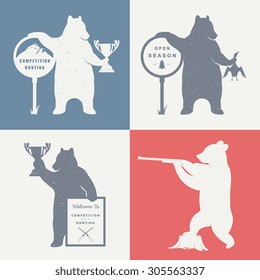 Vector Illustration Bear Hunter with Sign Hunting on a white background. Bear Symbol Can be used for T-shirts print, labels, badges, stickers and logo