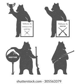 Vector Illustration Bear Hunter with Sign Hunting on a white background. Bear Symbol Can be used for T-shirts print, labels, badges, stickers and logo