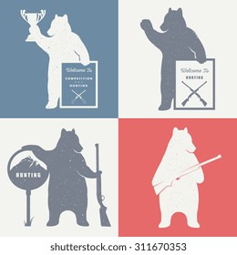 Vector Illustration Bear Hunter with Sign Hunting on a white background. Bear Symbol Can be used for T-shirts print, labels, badges, stickers and logo
