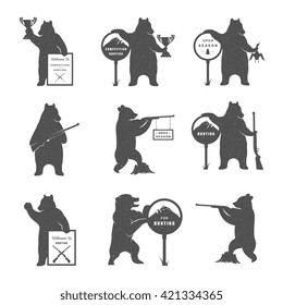 Vector Illustration Bear Hunter with Sign Hunting on a white background. Bear Symbol Can be used for T-shirts print, labels, badges, stickers and logo