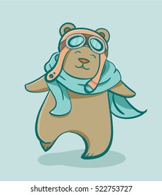 Vector illustration of bear isolated on background. Standing bear in helmet. Cute wild animal in cartoon flat style for postcard design. Funny illustration for children design. Hipster. Winter design