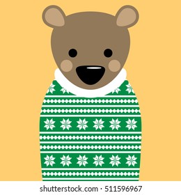 Vector illustration of bear in knitted sweater with scandinavian decorative pattern