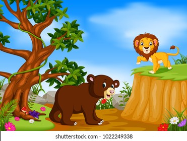 vector illustration of bear and lion with mountain cliff scene