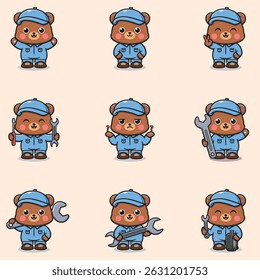 Ilustração vetorial do personagem do desenho animado Bear Mechanic. Ilustração de vetor de caracteres mecânicos. Personagem animal. Mascote mecânico.