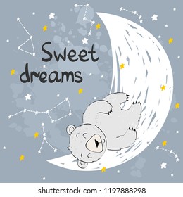 Vector illustration with bear and moon. Sweet dreams.