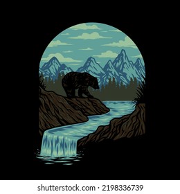 Vector illustration of a bear with a mountain landscape