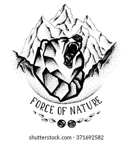 Vector illustration with bear and mountains for printing on T-shirts. Tattoo style