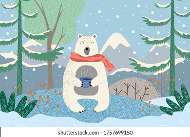 Vector illustration. A bear with nature in the forest in winter In a cartoon style