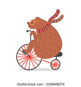 Vector illustration of bear on red bicycle. Circus artist doing trick