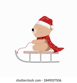 Vector illustration of a bear on a sleigh. Isolated on a white background. Cartoon bear in a red hat and scarf rides on a sled