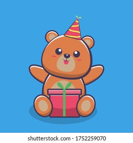 Vector illustration of bear panda birthday with gift box. Flat Cartoon Style for Banner, Flyer, Sticker, greeting card,  Web Landing Page.