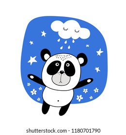 vector illustration bear panda on blue background with stars and cloud