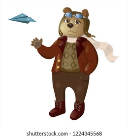 Vector illustration of a bear pilot character, with a paper airplane. Isolated children's picture on a white background. Print on clothes, bag, t-shirt.