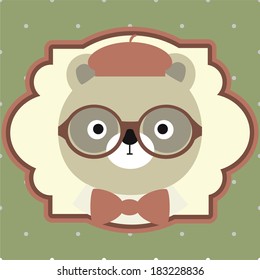 vector illustration of bear portrait in hat, bow tie, glasses, retro style, hipster look