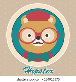 vector illustration of bear portrait in hat, bow tie, glasses, mustache, retro style, hipster look