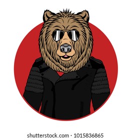 Vector Illustration of Bear Portrait in sunglasses and leather jacket, retro style, hipster look.