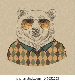 vector illustration of bear portrait in sunglasses and pullover, retro style, hipster look