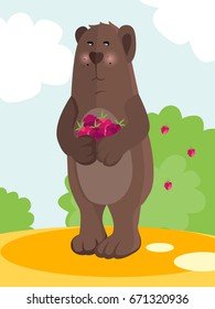 Vector illustration of a bear with raspberries