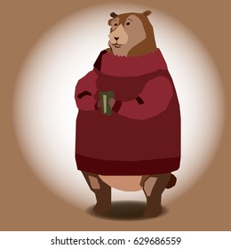 Vector illustration of bear in red  sweater with cup.