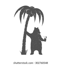 Vector Illustration Bear resting under a palm tree with a cocktail on a white background. Bear Symbol Can be used for T-shirts print, labels, badges, stickers and logo