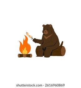 vector illustration of a bear roasting marshmallows