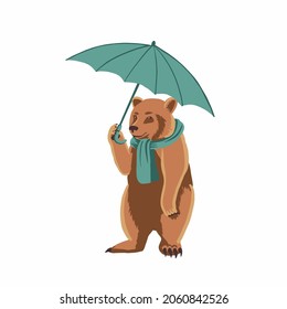 Vector illustration of a bear in a scarf and with an umbrella