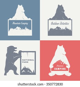 Vector Illustration Bear with Sign Mounting Camping on a white background. Bear Symbol Can be used for T-shirts print, labels, badges, stickers and logotypes