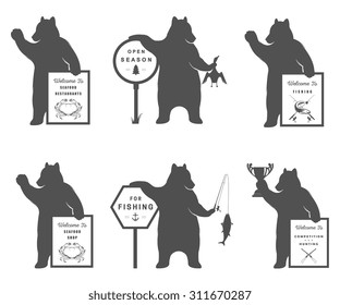 Vector Illustration Bear with Sign Seafood Restaurants, shop, hunt and fishing on a white background. Bear Symbol for T-shirts print, labels, badges, stickers and logos