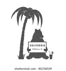 Vector Illustration Bear with sign Welcome to California on a white background. Bear Symbol Can be used for T-shirts print, labels, badges, stickers and logotypes