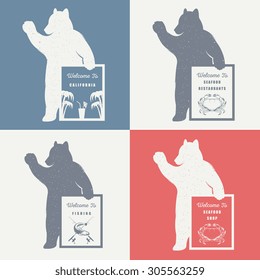 Vector Illustration Bear with Sign Welcome to Seafood Shop, Restaurant and Fishing on a white background. Bear Symbol for T-shirts print, labels, badges, stickers and logos