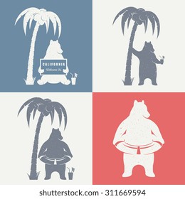 Vector Illustration Bear with sign Welcome to California, palm and lifebuoy on a white background. Bear Symbol for T-shirts print, labels, badges, stickers and logos