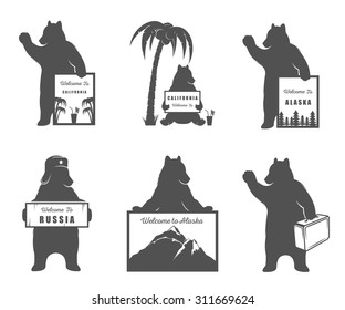 Vector Illustration Bear with sign Welcome to California, Russia and travel on a white background. Bear Symbol for T-shirts print, labels, badges, stickers and logos