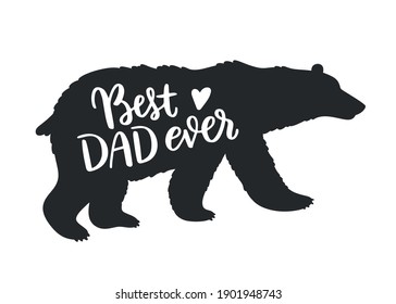 Ilustración vectorial con silueta de oso y texto caligráfico "Mejor papá jamás". Tarjeta de saludo para el Día del Padre. Banner blanco y negro con animal y la frase manuscrita. 