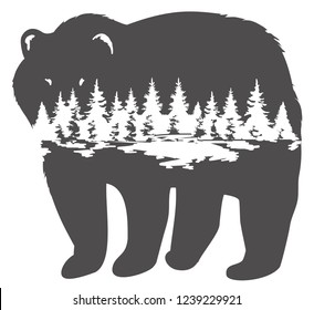vector illustration of a bear silhouette with forest. abstract nature background.