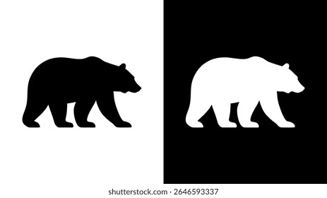 Ilustração vetorial de uma silhueta de urso apresentada em contraste preto-sobre-branco e branco-sobre-preto.