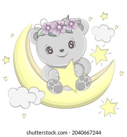 Vector illustration bear. A bear sits on the moon with a star in its paws. Cute bear for kids activity t shirt print, icon, logo, label, patch or stickers. Kawaii cute bear cartoon.