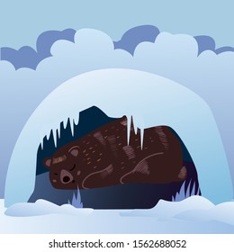 Imagen vectorial de un oso durmiendo bajo la nieve en invierno en el bosque. Ilustración en libro infantil o tarjeta de felicitación