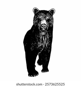 A vector illustration of a bear standing frontally, with a focused facial expression, projecting strength and intensity.