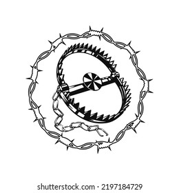 vector illustration of bear trap with barbed wire