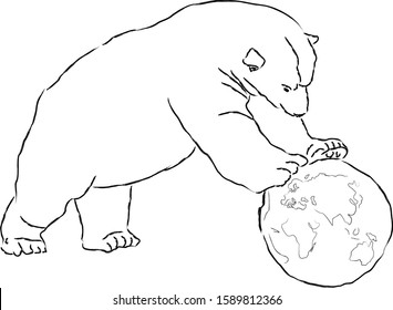 Vector illustration Bear trundle  ball depicting the planet earth silhouette.  Sketch bear trundle  ball