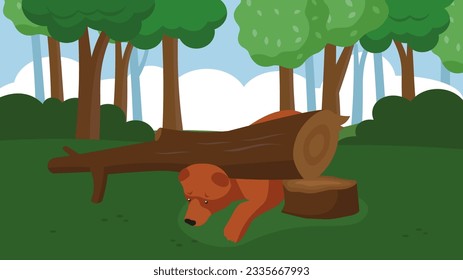 Vector illustration of a bear under a fallen tree in the forest.