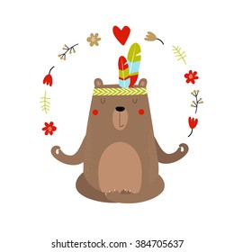 Vector illustration of a bear, which is engaged in yoga and flower frame with hearts on a white background. It can be used as a poster, postcard, invitation