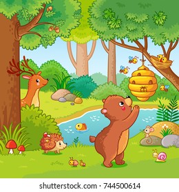 Vector illustration with a bear who wants honey. Animals in the forest. Picture in the children's cartoon style.
