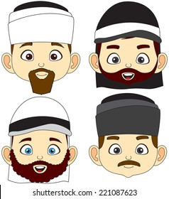 Vector illustration of beard and mustache four Muslim men faces