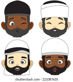 Vector illustration of beard and mustache four Muslim men faces