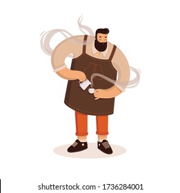 
Vector illustration Bearded barista pours fragrant coffee into a small mug