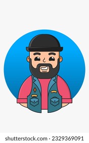 Vector illustration of a bearded biker in a hat on a round blue background