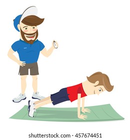 Vector Illustration Bearded Fitness Personal Trainer Instructor And Funny Sportsman Doing Abs Exercises, Push-ups Or Plank Pose On Mat