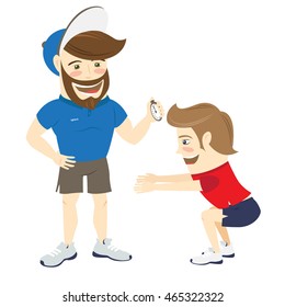 Vector illustration Bearded fitness personal trainer instructor and funny sportsman doing squats